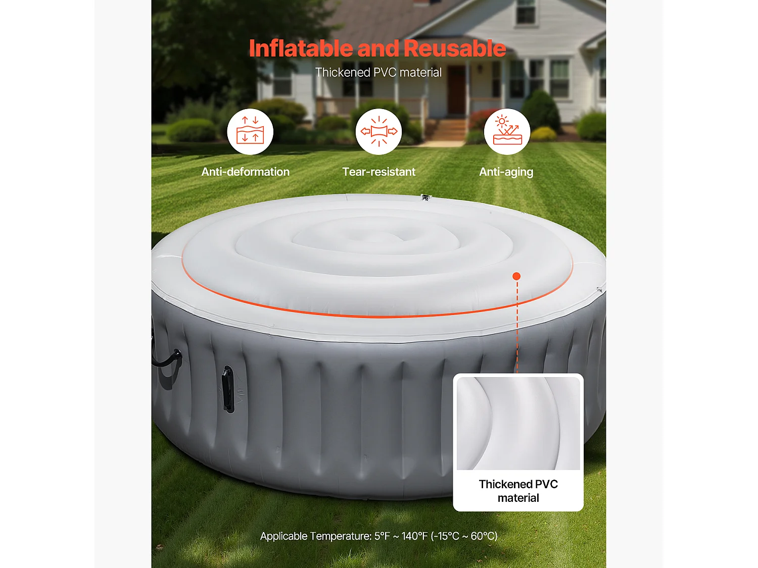 Couvercle Gonflable Rond SucceBuy pour Spa 137 cm, Housse de Protection pour Spa Résistante aux Intempéries et à l'Eau, Couverture Thermique en PVC, Blanc