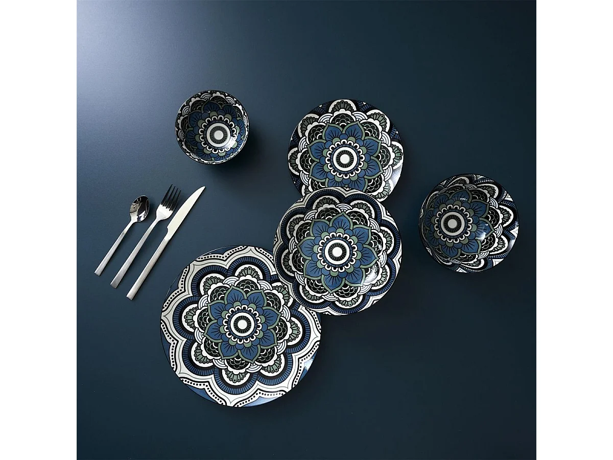 Set de 6 assiettes à dessert en porcelaine bleu mandala (Ø19cm) - MANDALA