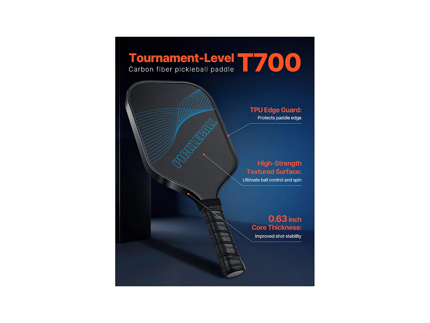 Raquette de Pickleball SucceBuy avec Surface en Fibre de Carbone T700, Raquette de Haute Qualité pour une Puissance, un Contrôle et un Effet Améliorés