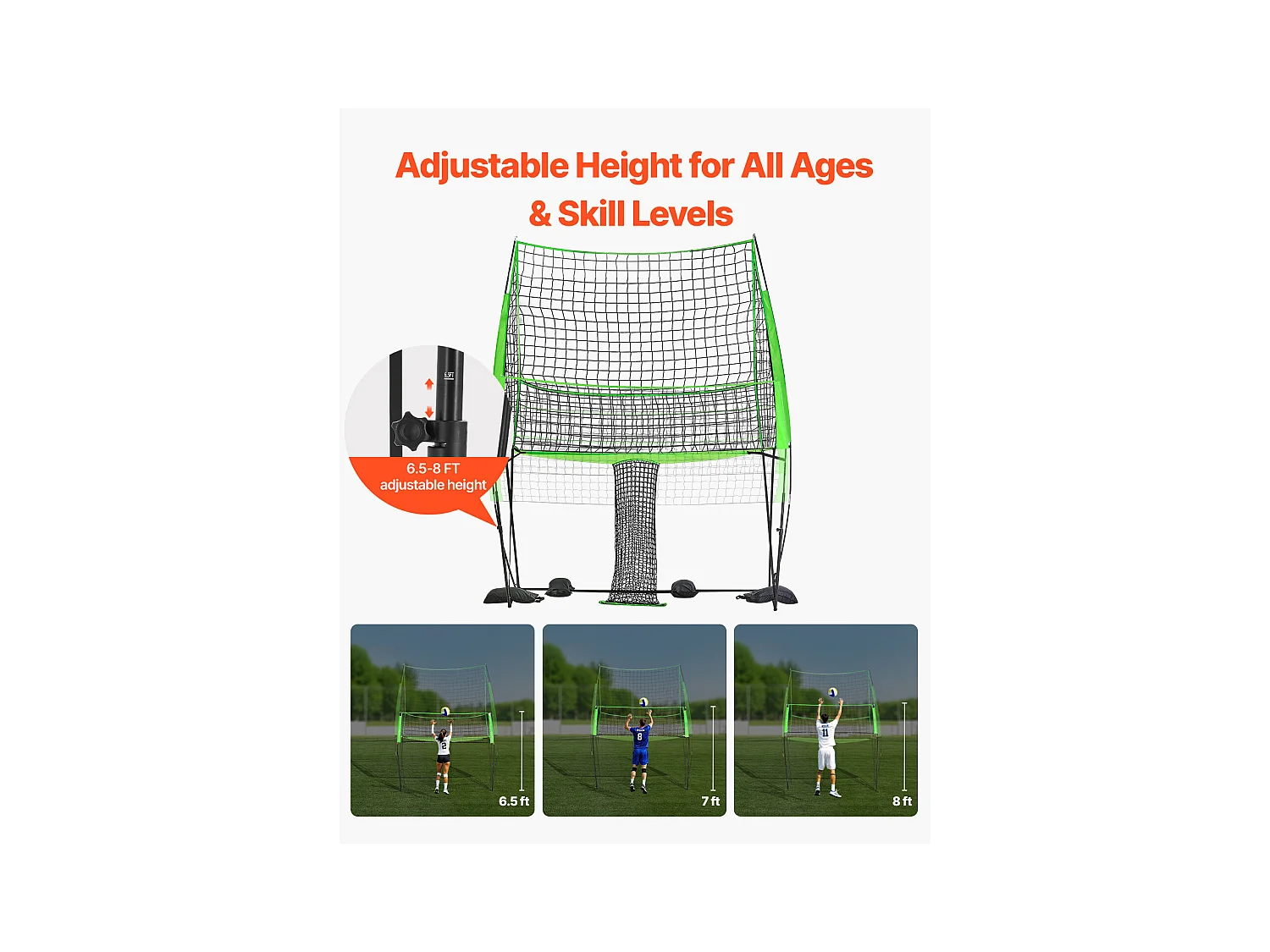 Filet de Volley-Ball SucceBuy Portable, Filet d'Entraînement de Volley-Ball Réglable en Hauteur avec Retour de Balle, pour Service Intérieur et Extérieur