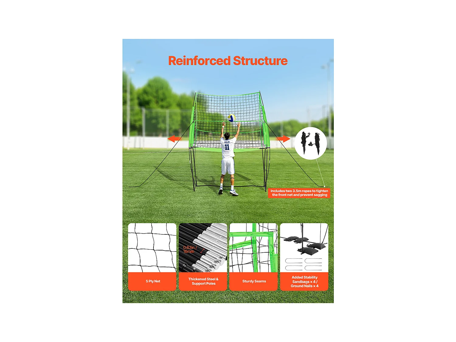 Filet de Volley-Ball SucceBuy Portable, Filet d'Entraînement de Volley-Ball Réglable en Hauteur avec Retour de Balle, pour Service Intérieur et Extérieur