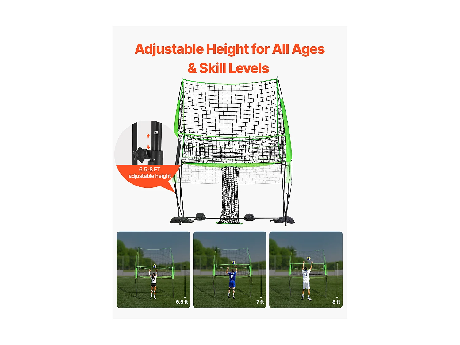 Filet de Volley-Ball SucceBuy Portable, Filet d'Entraînement de Volley-Ball Réglable en Hauteur avec Retour de Balle, pour Service Intérieur et Extérieur