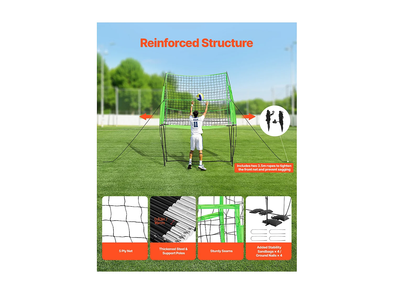 Filet de Volley-Ball SucceBuy Portable, Filet d'Entraînement de Volley-Ball Réglable en Hauteur avec Retour de Balle, pour Service Intérieur et Extérieur