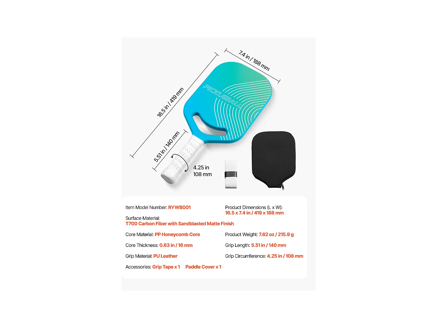 Raquette de Pickleball SucceBuy avec Aero-Throat, Surface en Fibre de Carbone T700 et Noyau en Nid d'Abeille, Raquette pour une Puissance, un Contrôle