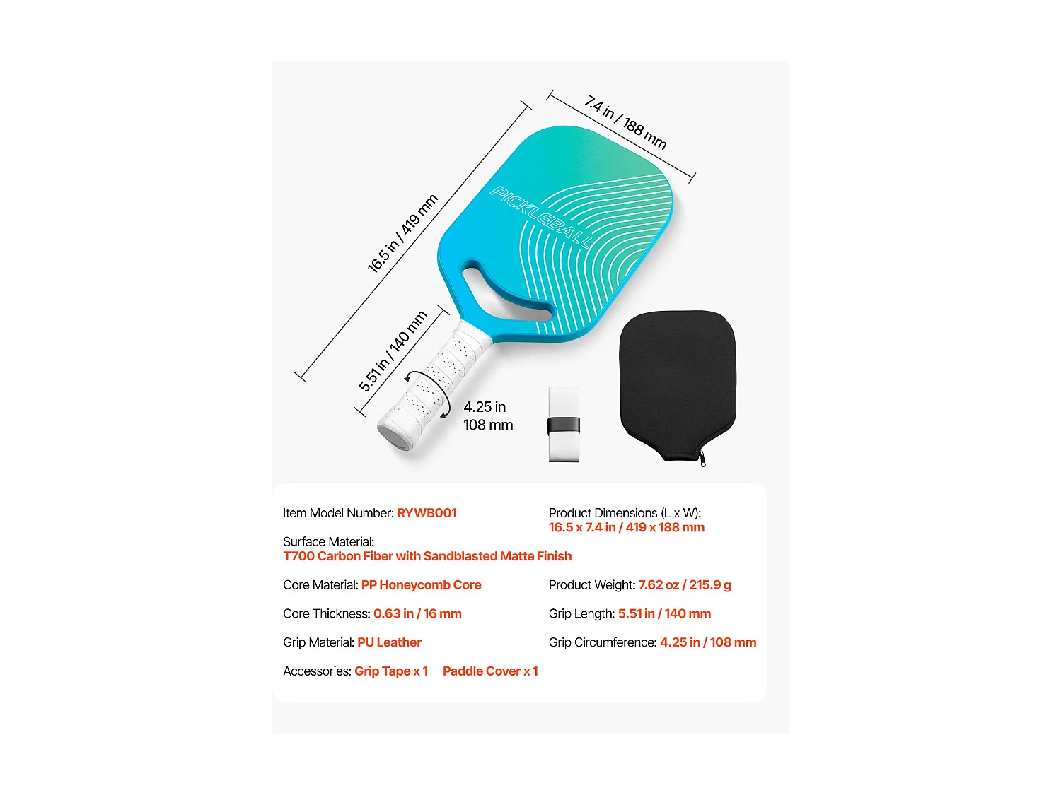 Raquette de Pickleball SucceBuy avec Aero-Throat, Surface en Fibre de Carbone T700 et Noyau en Nid d'Abeille, Raquette pour une Puissance, un Contrôle