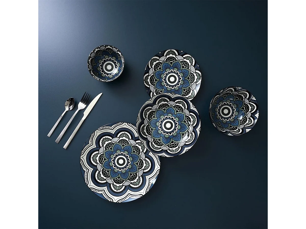 Set de 6 assiettes plates en porcelaine bleu mandala (Ø26cm) - MANDALA