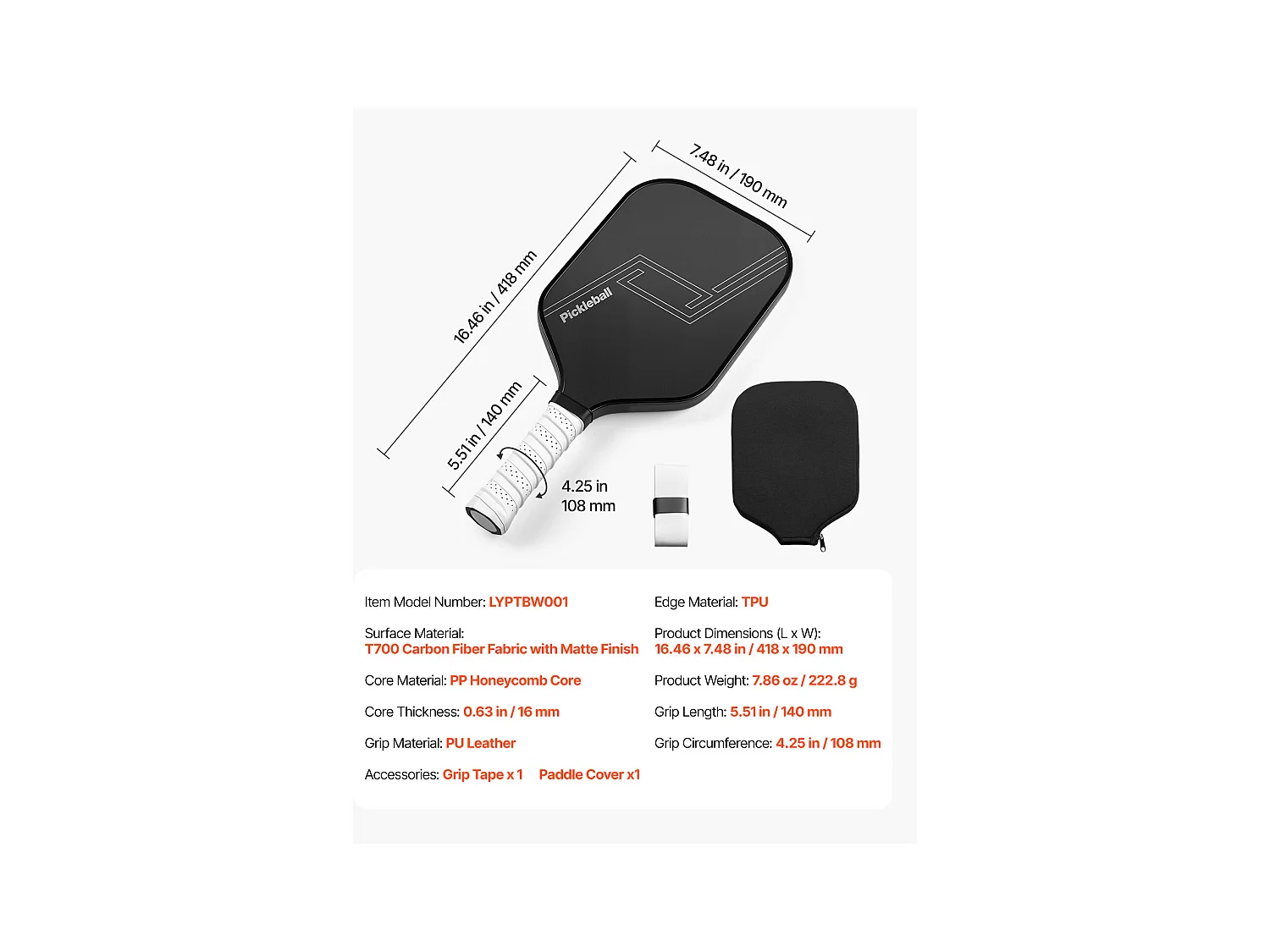 Raquette de Pickleball SucceBuy avec Surface en Fibre de Carbone T700 et Noyau en Nid d'Abeille, Raquette de Haute Qualité pour une Puissance, un Contrôle