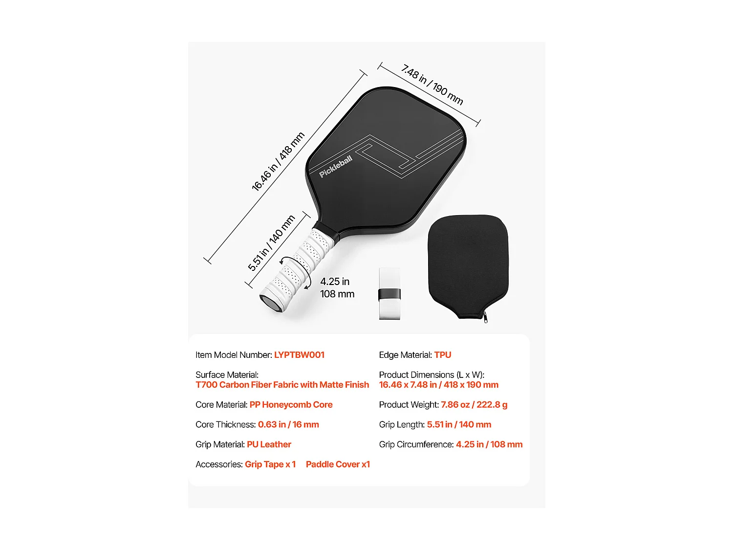 Raquette de Pickleball SucceBuy avec Surface en Fibre de Carbone T700 et Noyau en Nid d'Abeille, Raquette de Haute Qualité pour une Puissance, un Contrôle