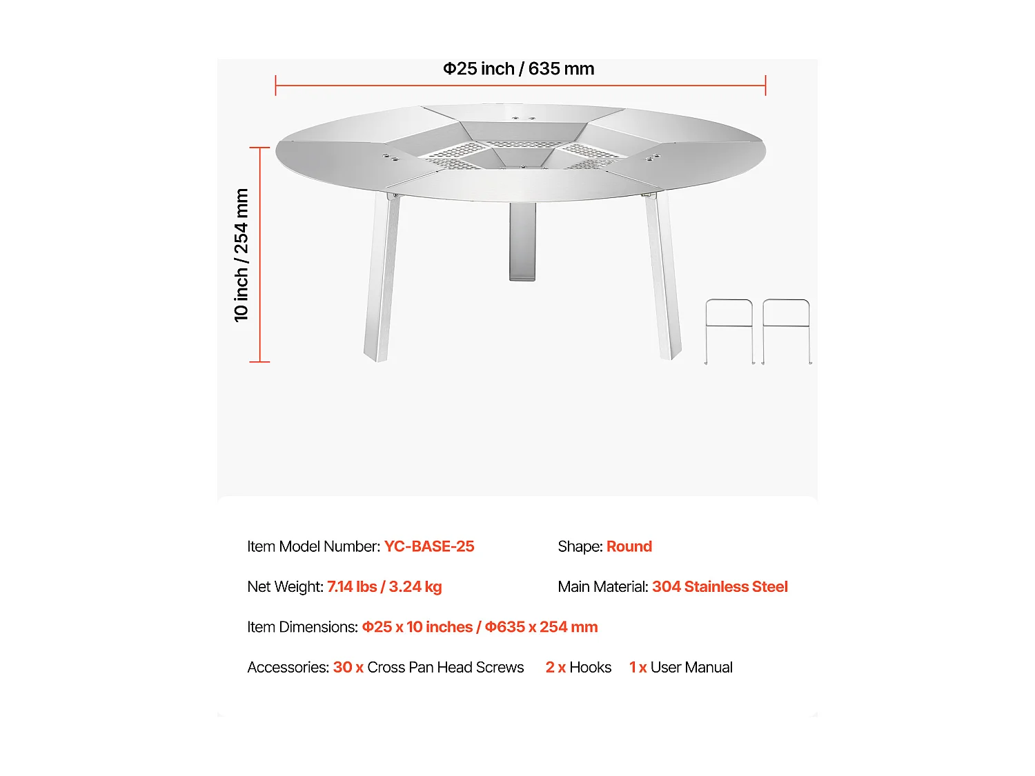 Wärmeverteiler für Feuerschale,635x254 mm Hitzeschutz rund für Holzfeuerstelle, Edelstahl 304 Hitzeverteiler mit abnehmbarer Brennerabdeckung