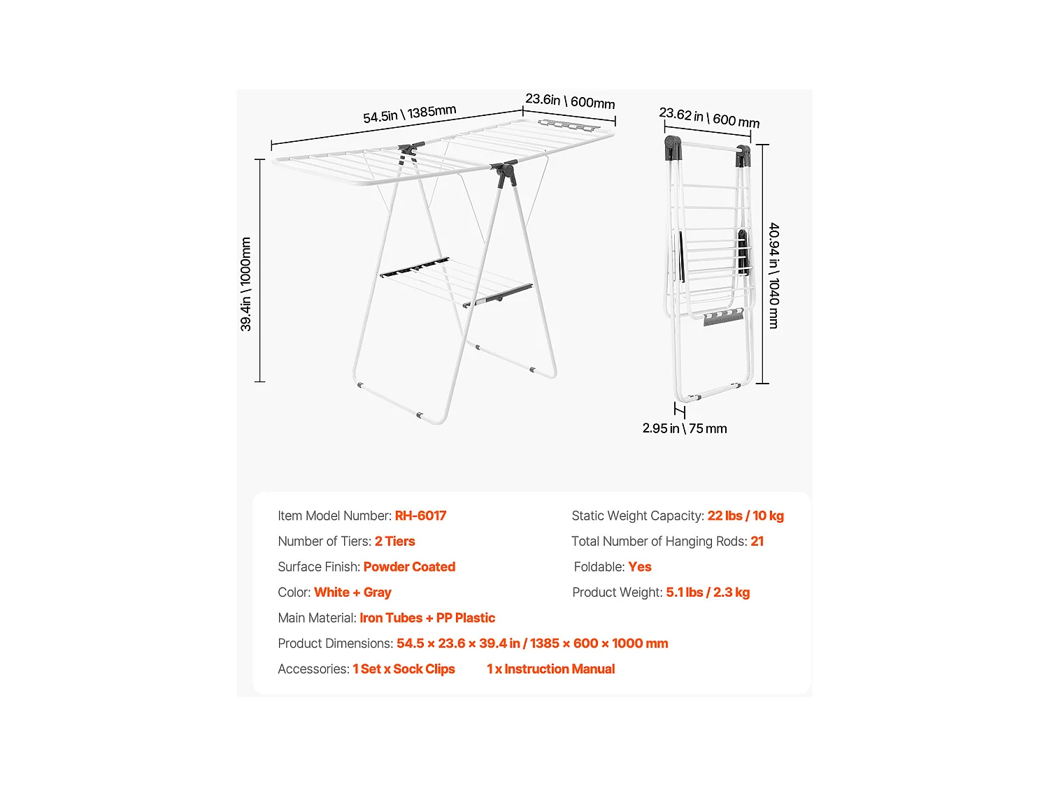 Étendoir à Linge Pliable SucceBuy, Séchoir à Linge sur Pied à 2 Niveaux, avec Pinces à Chaussettes et 21 Barres de Séchage, en Métal, Réglable en Hauteur, Blanc