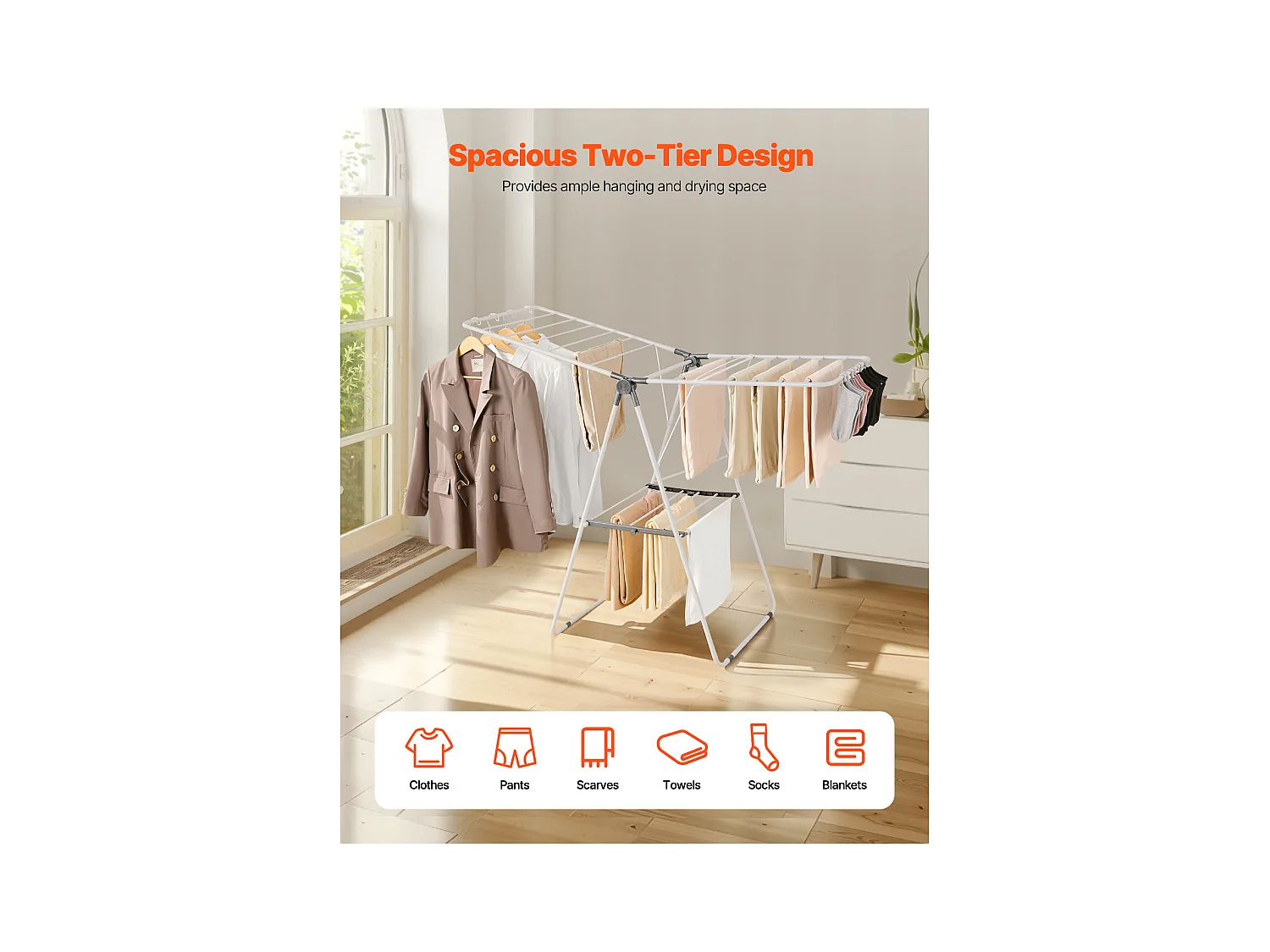 Étendoir à Linge Pliable SucceBuy, Séchoir à Linge sur Pied à 2 Niveaux, avec Pinces à Chaussettes et 21 Barres de Séchage, en Métal, Réglable en Hauteur, Blanc