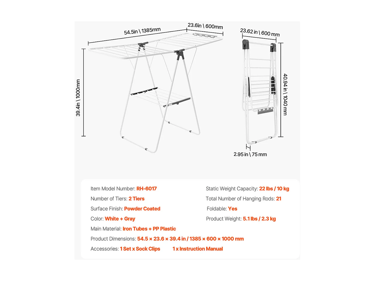 Étendoir à Linge Pliable SucceBuy, Séchoir à Linge sur Pied à 2 Niveaux, avec Pinces à Chaussettes et 21 Barres de Séchage, en Métal, Réglable en Hauteur, Blanc