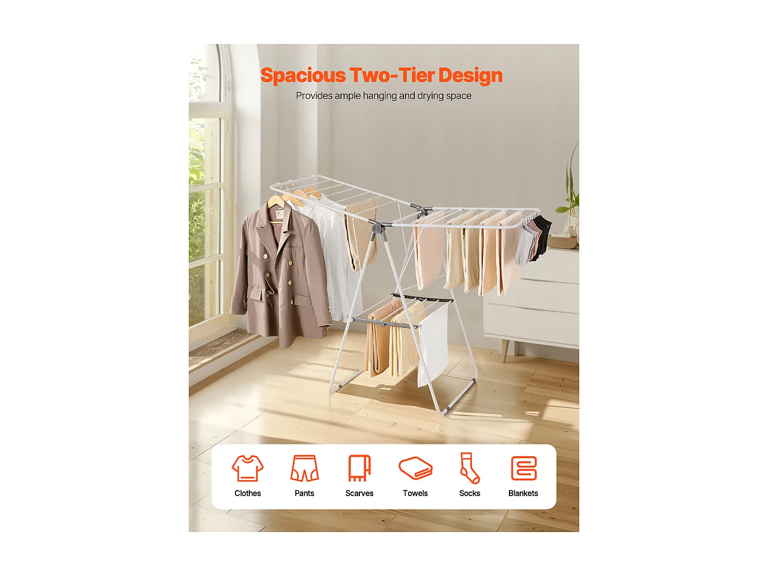 Étendoir à Linge Pliable SucceBuy, Séchoir à Linge sur Pied à 2 Niveaux, avec Pinces à Chaussettes et 21 Barres de Séchage, en Métal, Réglable en Hauteur, Blanc