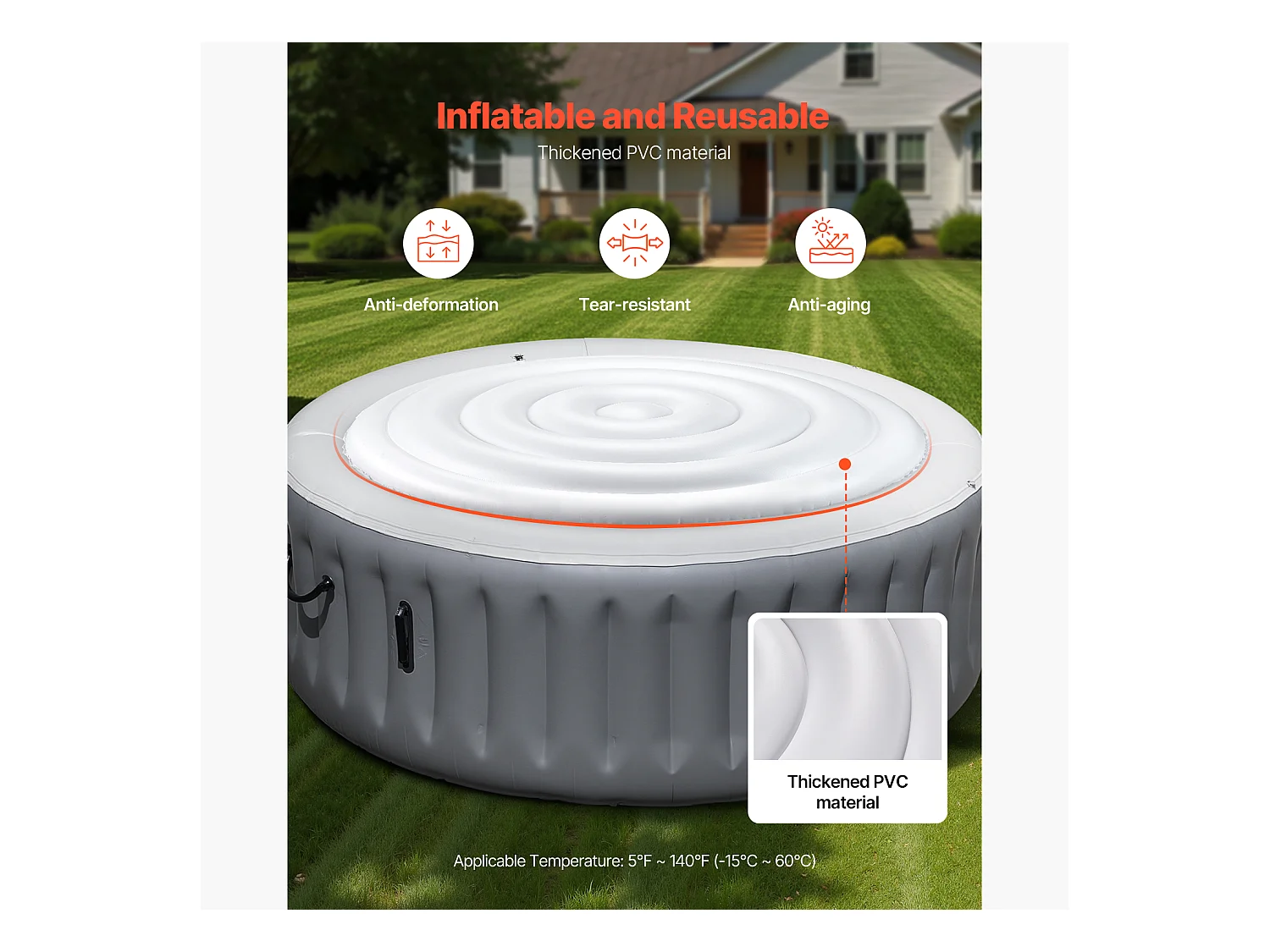 Couvercle Gonflable Rond SucceBuy pour Spa 164,5 cm, Housse de Protection pour Spa Résistante aux Intempéries et à l'Eau, Couverture Thermique en PVC, Blanc