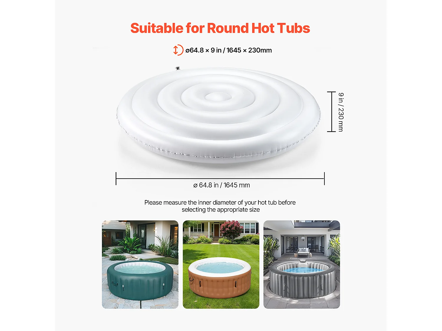 Couvercle Gonflable Rond SucceBuy pour Spa 164,5 cm, Housse de Protection pour Spa Résistante aux Intempéries et à l'Eau, Couverture Thermique en PVC, Blanc