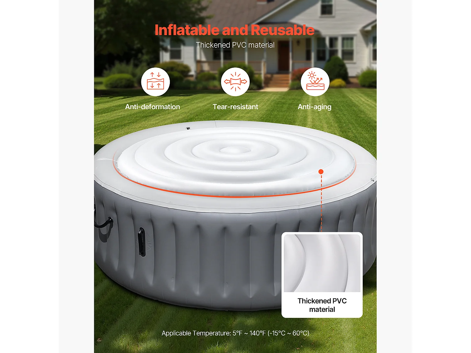 Couvercle Gonflable Rond SucceBuy pour Spa 164,5 cm, Housse de Protection pour Spa Résistante aux Intempéries et à l'Eau, Couverture Thermique en PVC, Blanc