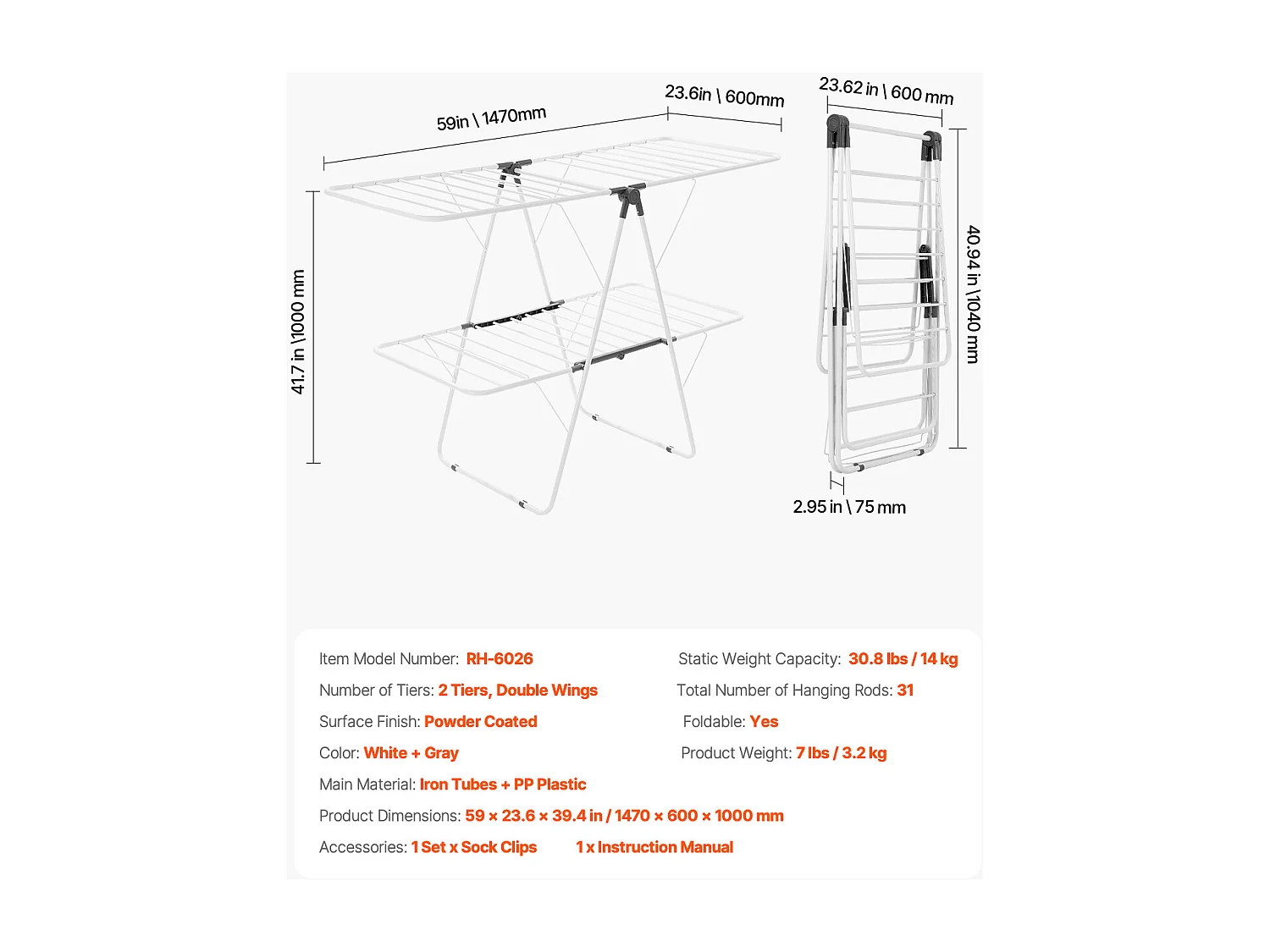 Étendoir à Linge Pliable SucceBuy, Séchoir à Linge sur Pied à 2 Niveaux, avec Pinces à Chaussettes et 31 Barres de Séchage, en Métal, Réglable en Hauteur, Blanc