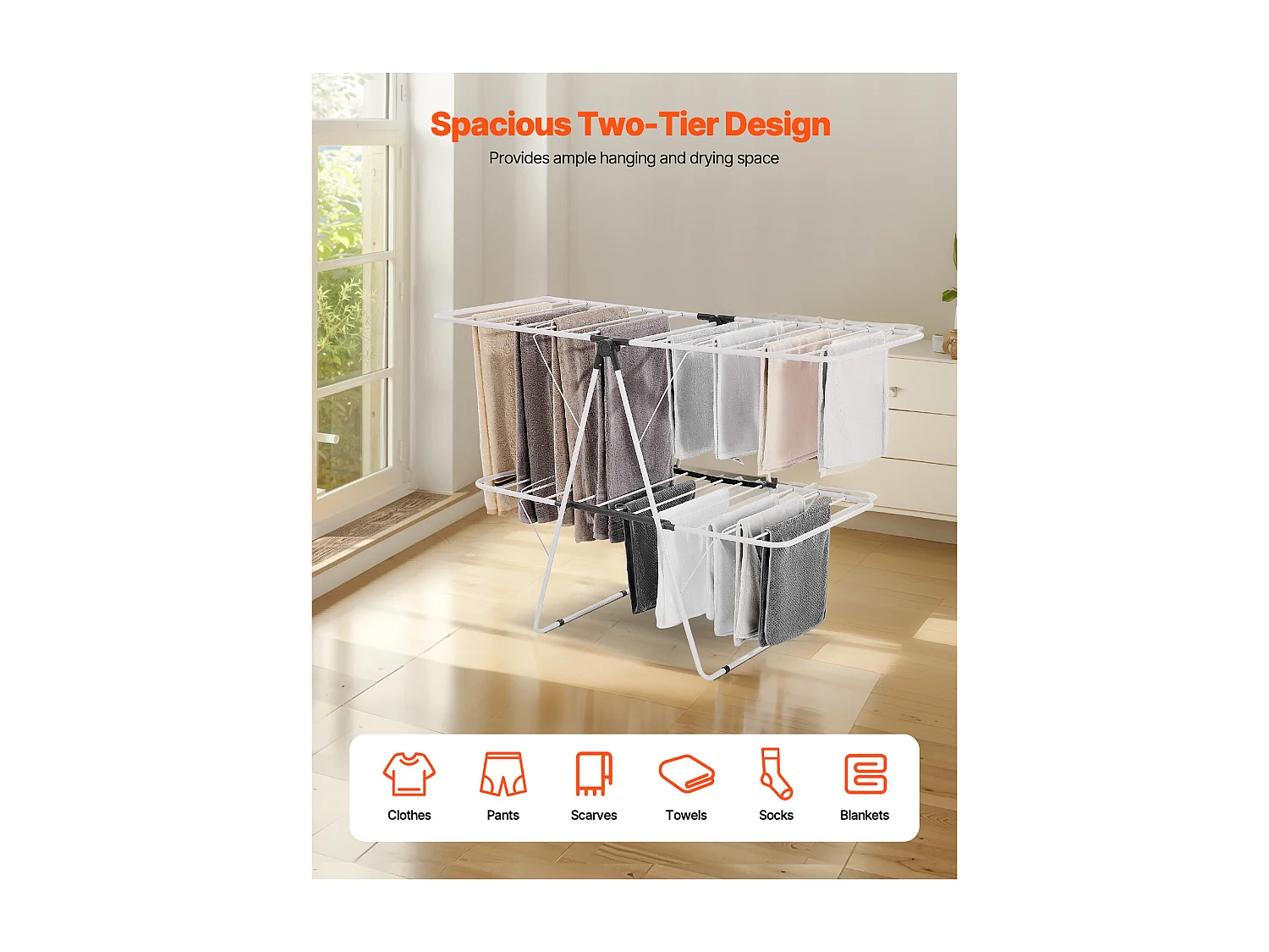 Étendoir à Linge Pliable SucceBuy, Séchoir à Linge sur Pied à 2 Niveaux, avec Pinces à Chaussettes et 31 Barres de Séchage, en Métal, Réglable en Hauteur, Blanc