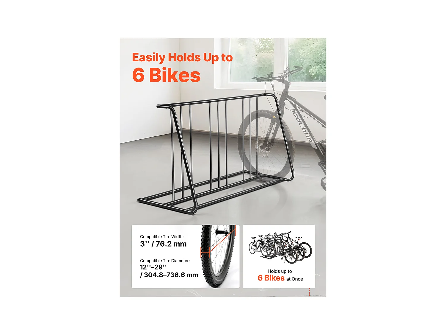 Support à Vélo Autoportant SucceBuy en Acier au Carbone pour Rangement de Bicyclettes, Garage et Intérieur avec Pneus 76,2 mm, Capacité pour 6 Vélos