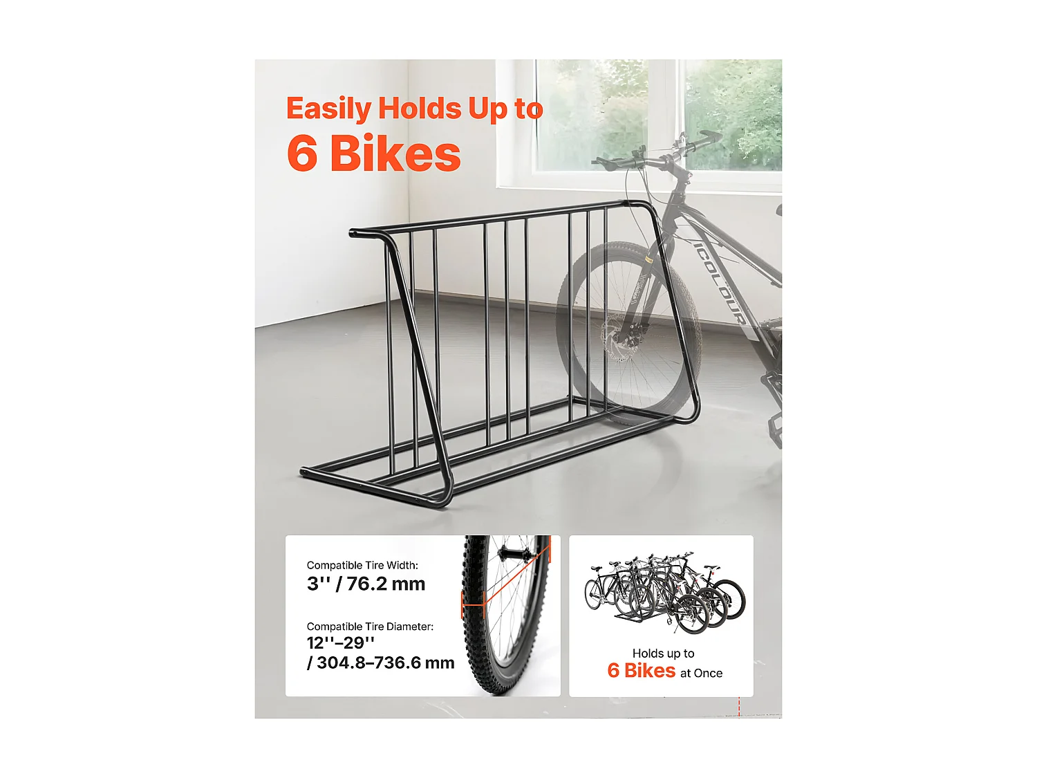 Support à Vélo Autoportant SucceBuy en Acier au Carbone pour Rangement de Bicyclettes, Garage et Intérieur avec Pneus 76,2 mm, Capacité pour 6 Vélos