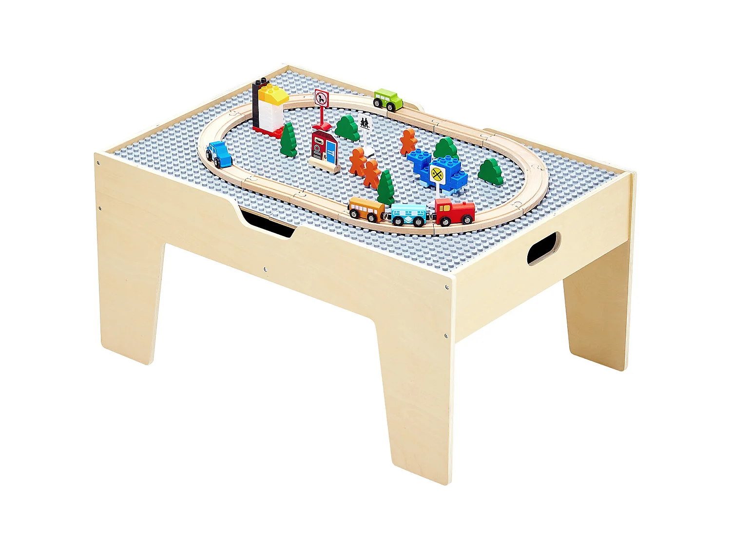 Table Circuit Train Bois SucceBuy, avec 290 Briques de Construction 30 Accessoires, Ensemble Rail de Train et Véhicules, Jouets Créativité pour Enfants 3 Ans