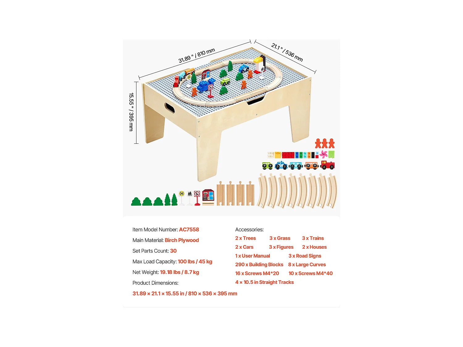 Table Circuit Train Bois SucceBuy, avec 290 Briques de Construction 30 Accessoires, Ensemble Rail de Train et Véhicules, Jouets Créativité pour Enfants 3 Ans