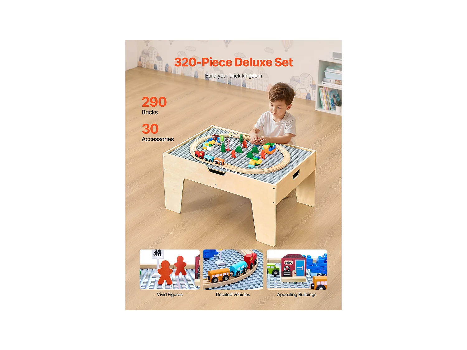 Table Circuit Train Bois SucceBuy, avec 290 Briques de Construction 30 Accessoires, Ensemble Rail de Train et Véhicules, Jouets Créativité pour Enfants 3 Ans