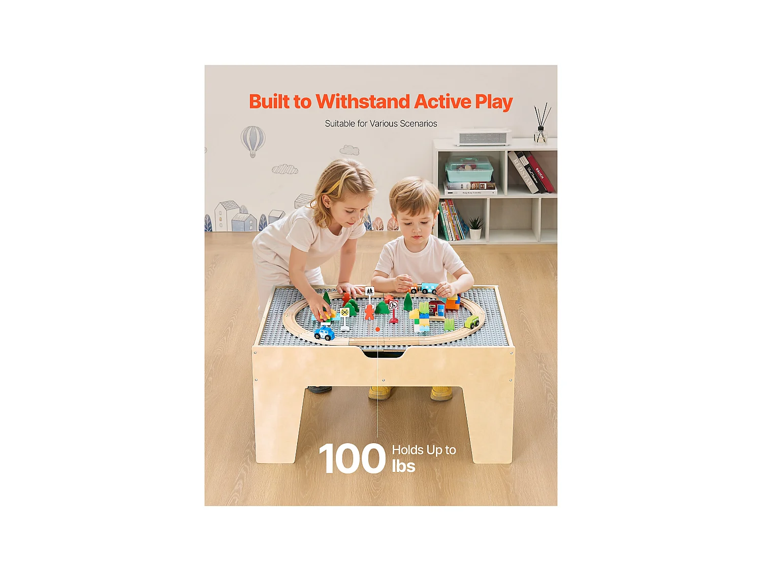 Table Circuit Train Bois SucceBuy, avec 290 Briques de Construction 30 Accessoires, Ensemble Rail de Train et Véhicules, Jouets Créativité pour Enfants 3 Ans