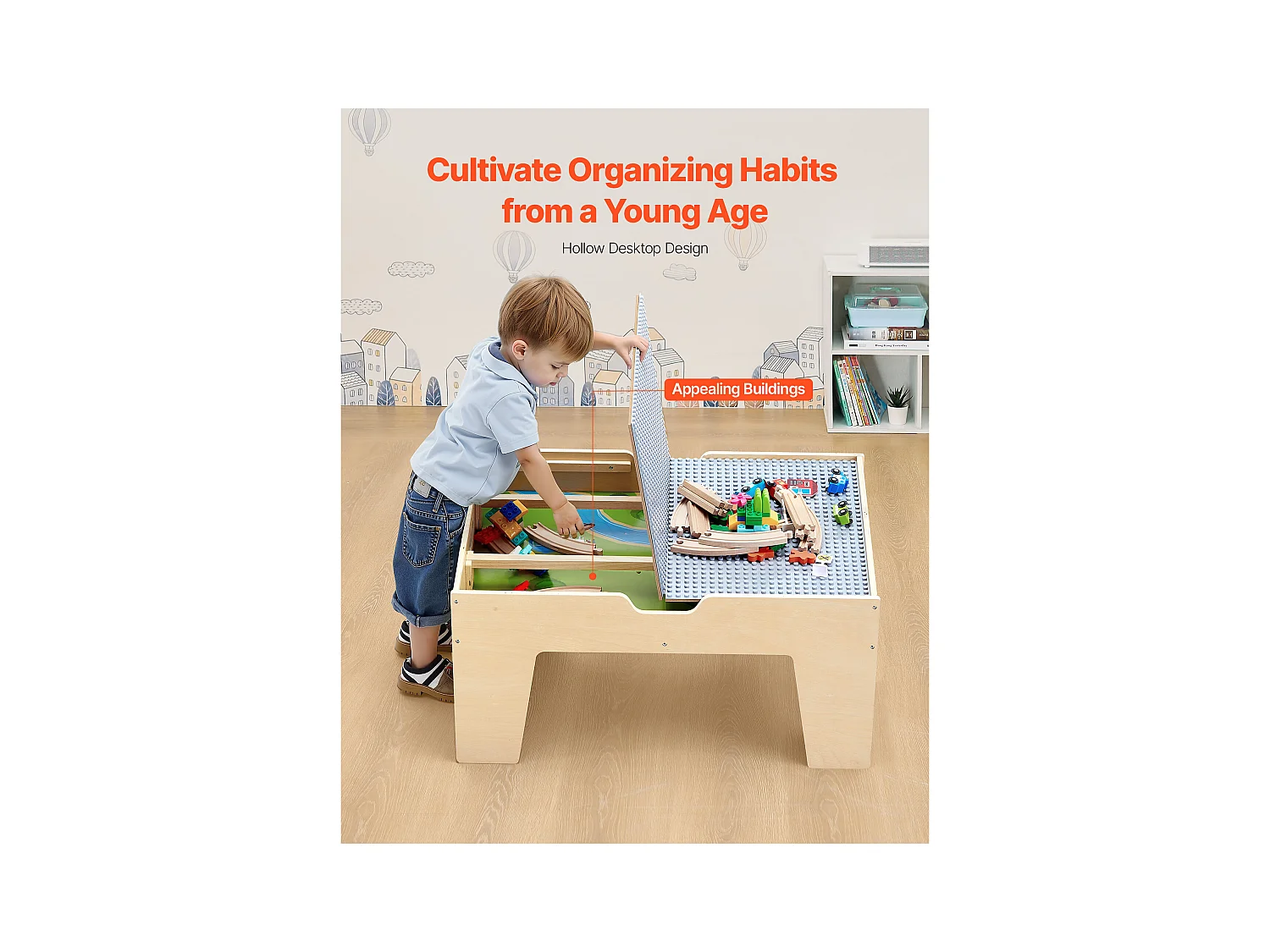 Table Circuit Train Bois SucceBuy, avec 290 Briques de Construction 30 Accessoires, Ensemble Rail de Train et Véhicules, Jouets Créativité pour Enfants 3 Ans