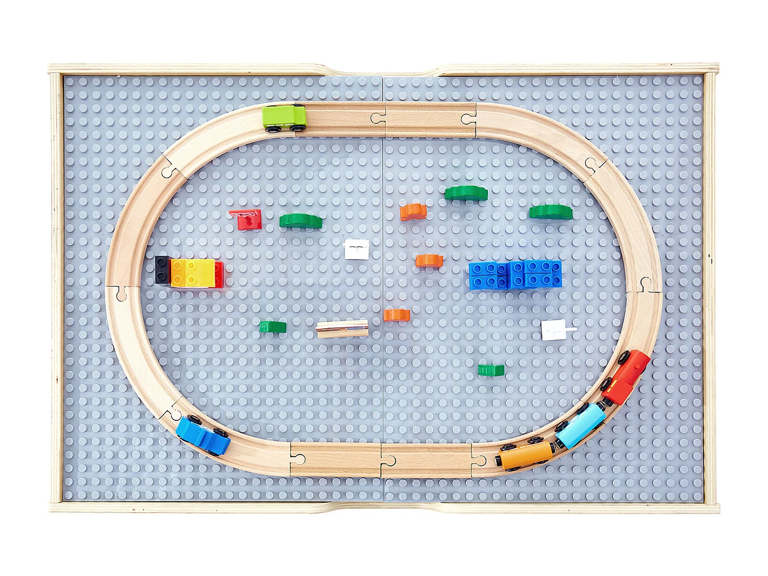 Table Circuit Train Bois SucceBuy, avec 290 Briques de Construction 30 Accessoires, Ensemble Rail de Train et Véhicules, Jouets Créativité pour Enfants 3 Ans