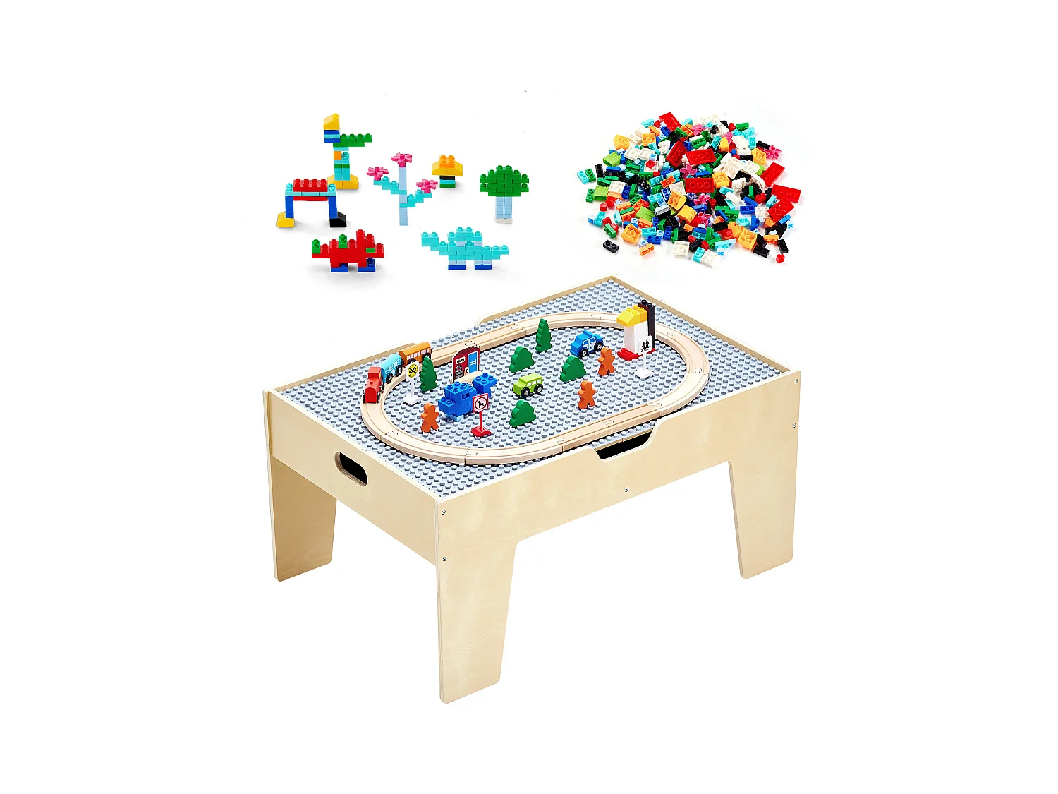 Table Circuit Train Bois SucceBuy, avec 290 Briques de Construction 30 Accessoires, Ensemble Rail de Train et Véhicules, Jouets Créativité pour Enfants 3 Ans