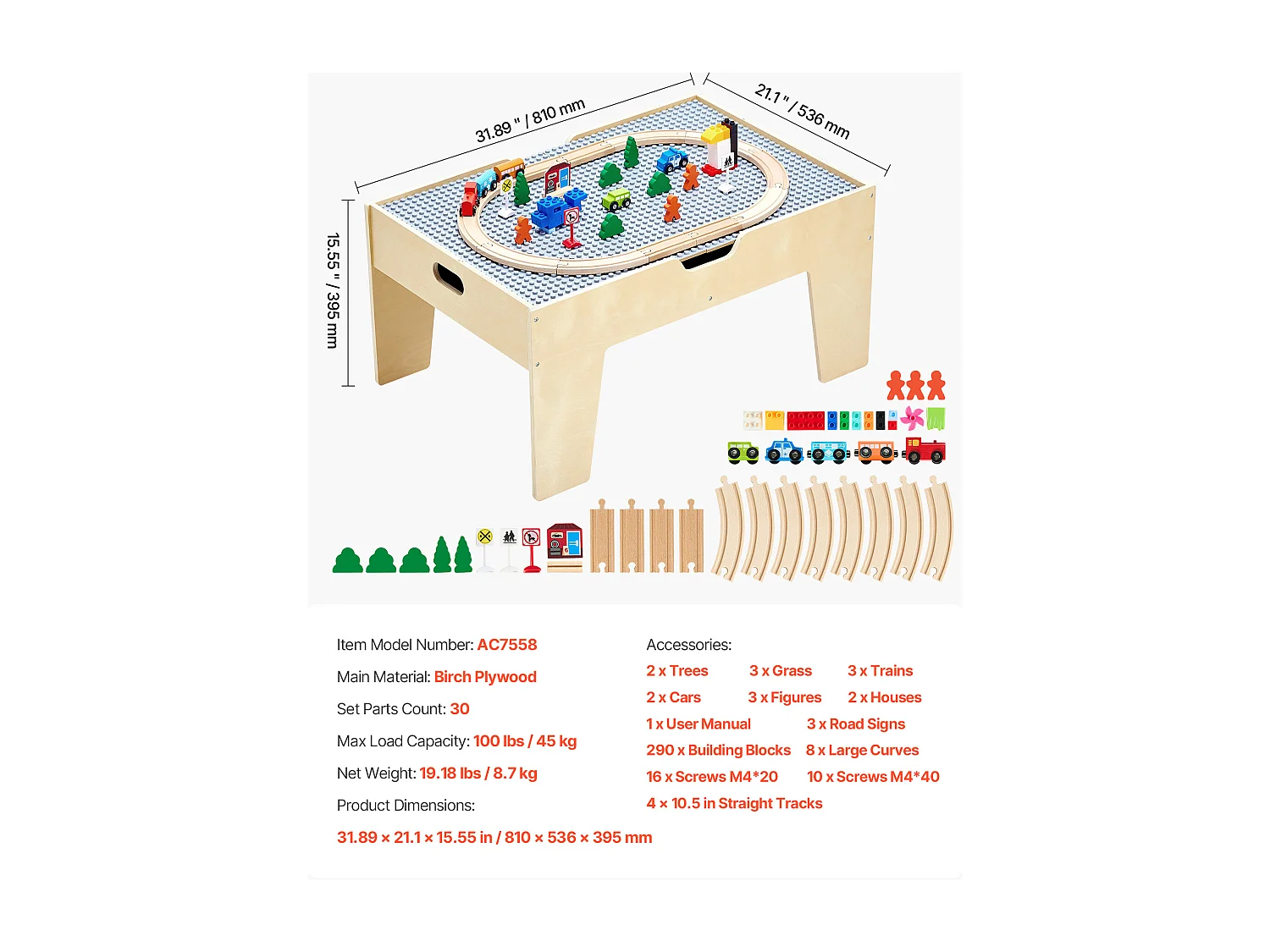 Table Circuit Train Bois SucceBuy, avec 290 Briques de Construction 30 Accessoires, Ensemble Rail de Train et Véhicules, Jouets Créativité pour Enfants 3 Ans