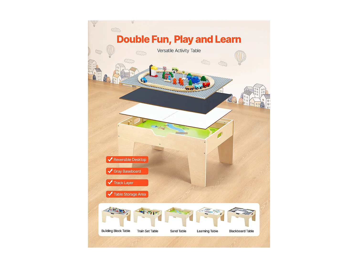 Table Circuit Train Bois SucceBuy, avec 290 Briques de Construction 30 Accessoires, Ensemble Rail de Train et Véhicules, Jouets Créativité pour Enfants 3 Ans