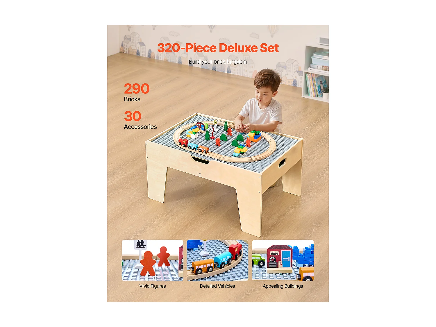 Table Circuit Train Bois SucceBuy, avec 290 Briques de Construction 30 Accessoires, Ensemble Rail de Train et Véhicules, Jouets Créativité pour Enfants 3 Ans