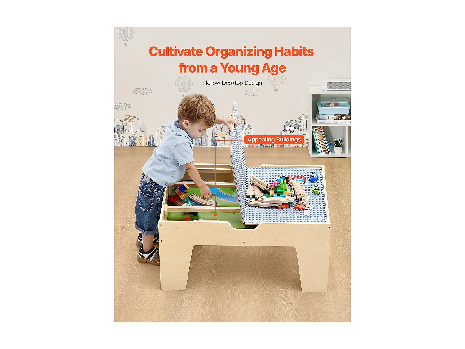 Table Circuit Train Bois SucceBuy, avec 290 Briques de Construction 30 Accessoires, Ensemble Rail de Train et Véhicules, Jouets Créativité pour Enfants 3 Ans