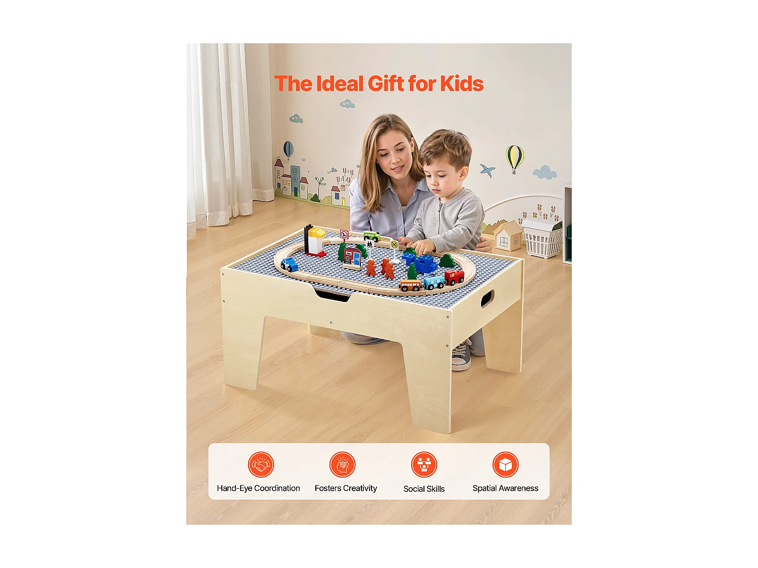 Table Circuit Train Bois SucceBuy, avec 290 Briques de Construction 30 Accessoires, Ensemble Rail de Train et Véhicules, Jouets Créativité pour Enfants 3 Ans
