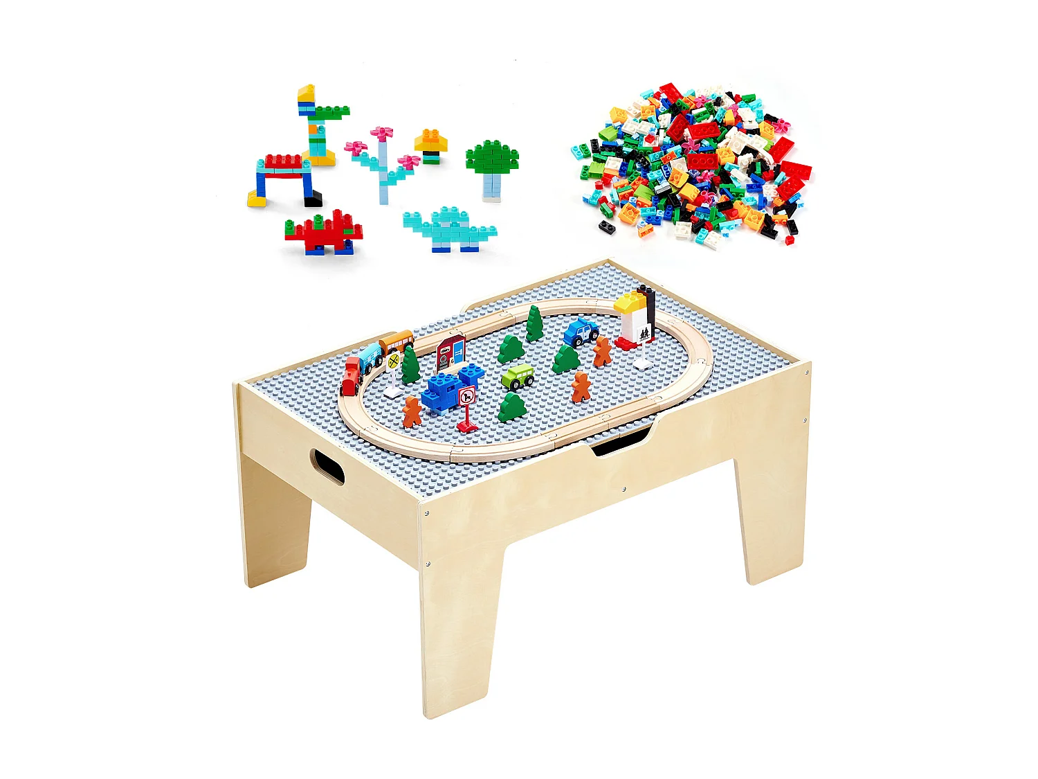 Table Circuit Train Bois SucceBuy, avec 290 Briques de Construction 30 Accessoires, Ensemble Rail de Train et Véhicules, Jouets Créativité pour Enfants 3 Ans