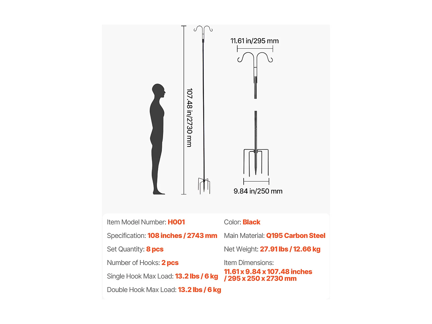 Crochets de Berger SucceBuy, Lot de 8, 273 cm de Haut, Crochets Doubles de Jardin de 1,9 cm de Diamètre, Idéaux pour Suspendre des Mangeoires à Colibris