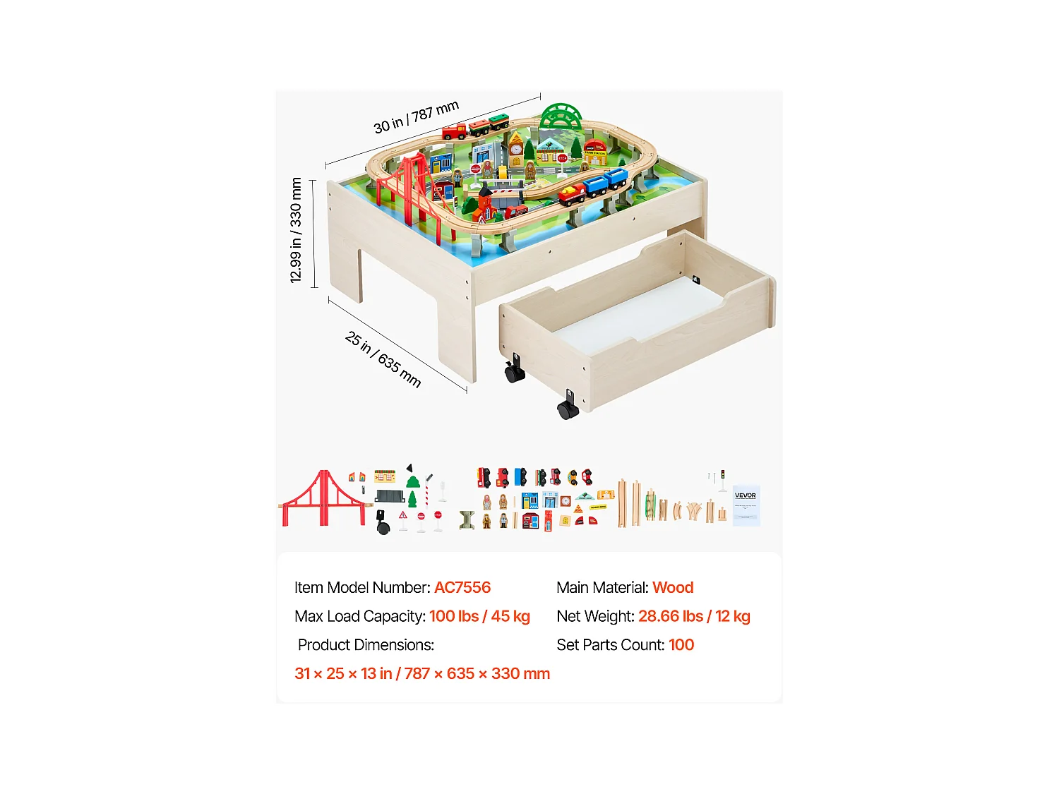 Table Circuit Train Bois SucceBuy, 100 PCS, avec Rail de Train, Table d'Activités 3 en 1 Double Face pour Jouer, Jouets Créatifs pour Enfants 3 Ans et Plus