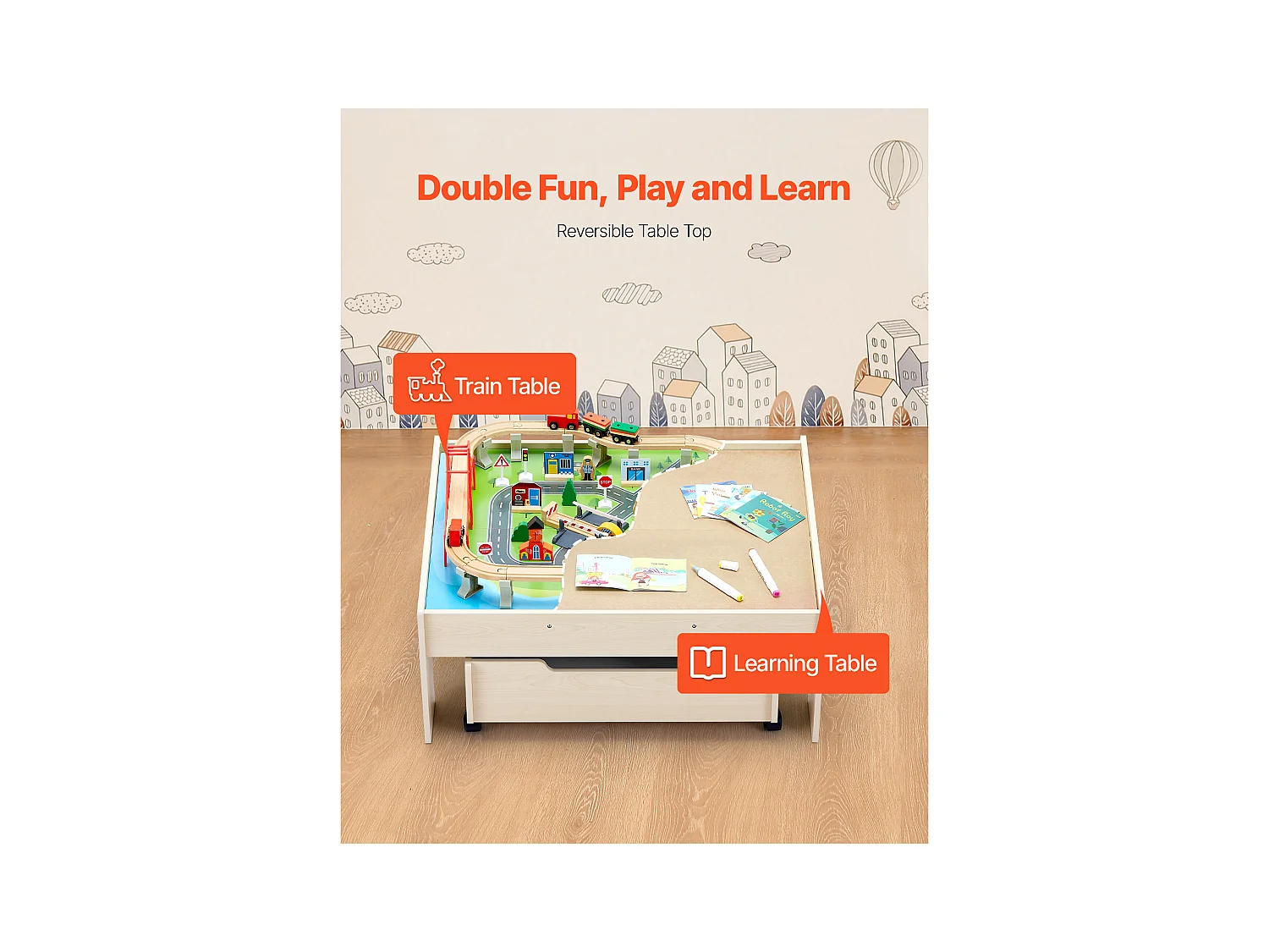 Table Circuit Train Bois SucceBuy, 100 PCS, avec Rail de Train, Table d'Activités 3 en 1 Double Face pour Jouer, Jouets Créatifs pour Enfants 3 Ans et Plus