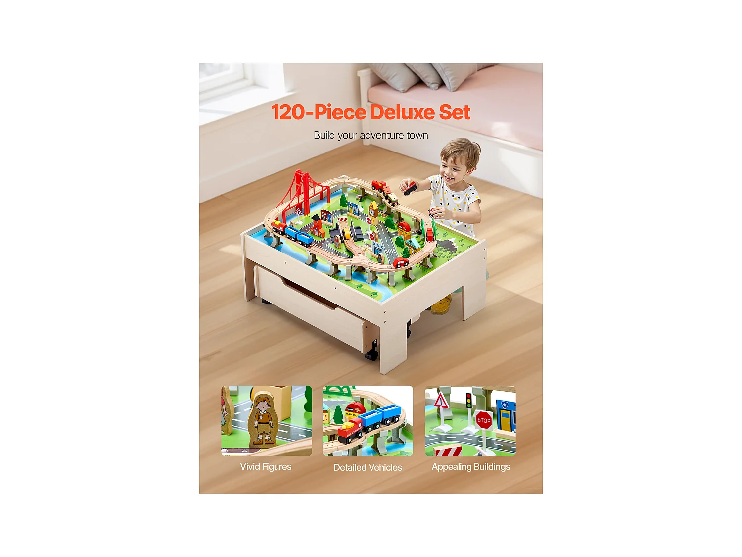 Table Circuit Train Bois SucceBuy, 100 PCS, avec Rail de Train, Table d'Activités 3 en 1 Double Face pour Jouer, Jouets Créatifs pour Enfants 3 Ans et Plus