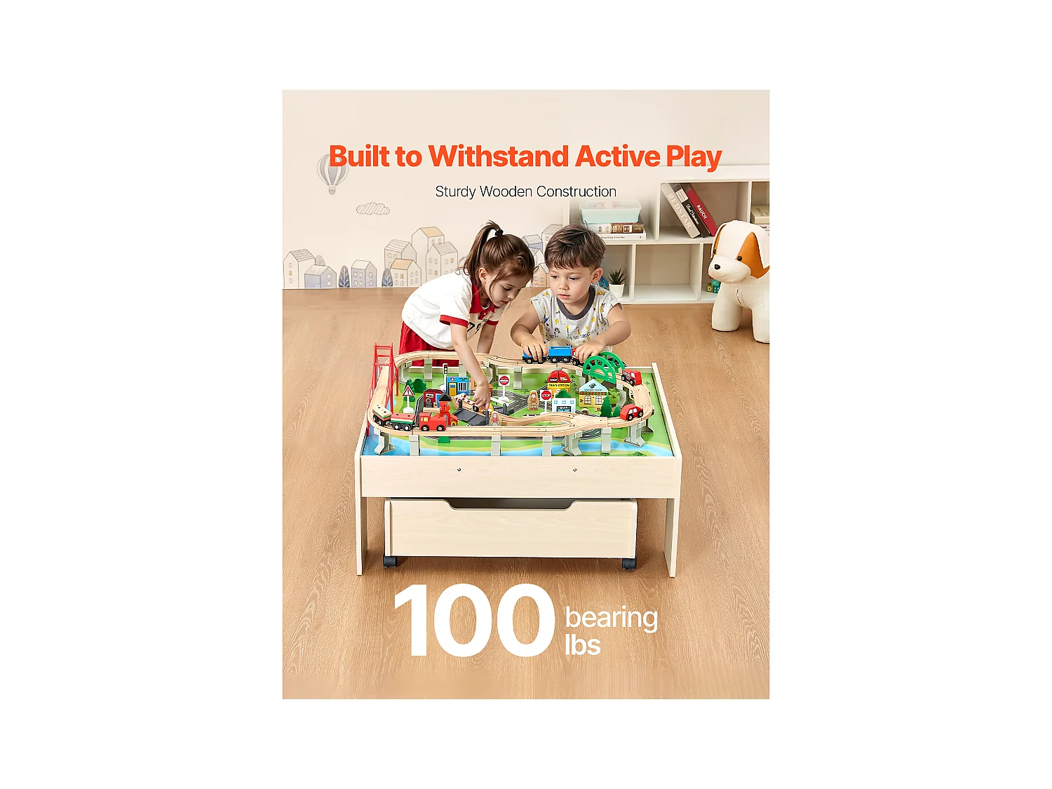 Table Circuit Train Bois SucceBuy, 100 PCS, avec Rail de Train, Table d'Activités 3 en 1 Double Face pour Jouer, Jouets Créatifs pour Enfants 3 Ans et Plus