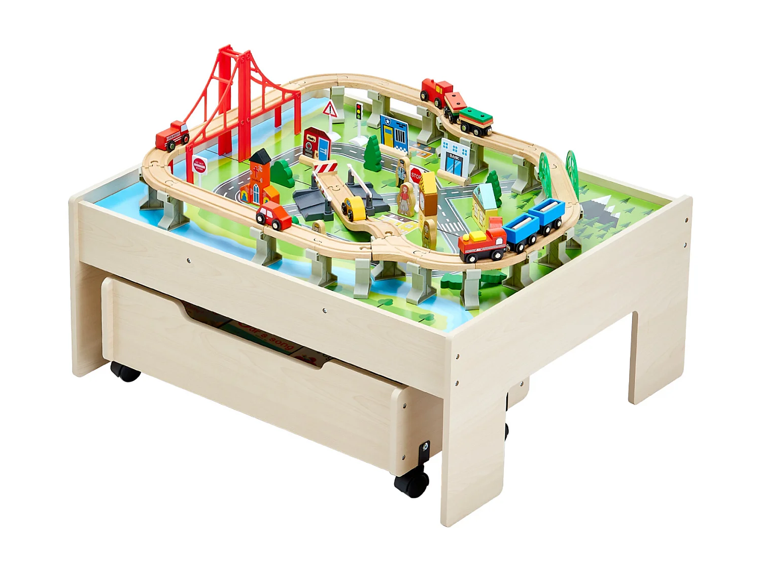 Table Circuit Train Bois SucceBuy, 100 PCS, avec Rail de Train, Table d'Activités 3 en 1 Double Face pour Jouer, Jouets Créatifs pour Enfants 3 Ans et Plus