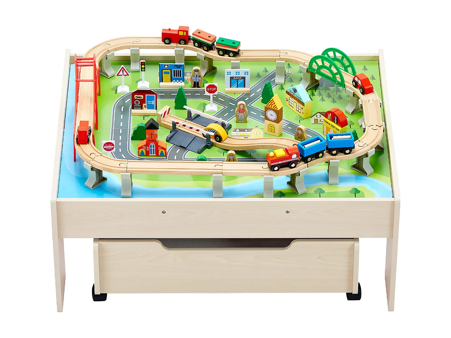 Table Circuit Train Bois SucceBuy, 100 PCS, avec Rail de Train, Table d'Activités 3 en 1 Double Face pour Jouer, Jouets Créatifs pour Enfants 3 Ans et Plus