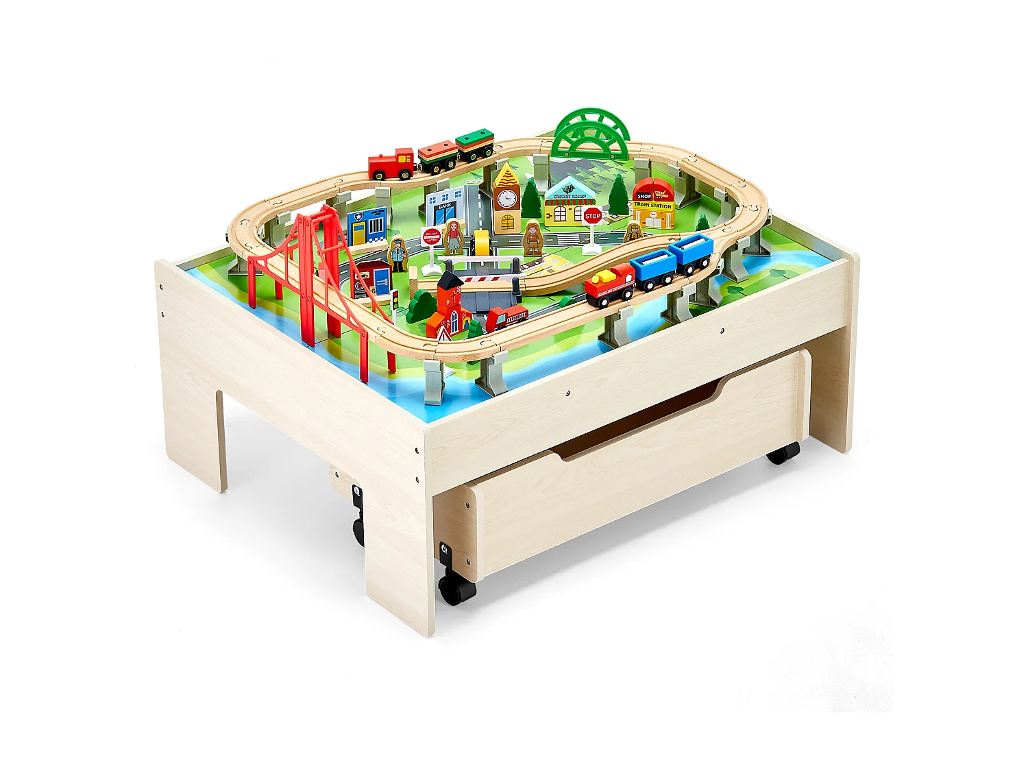 Table Circuit Train Bois SucceBuy, 100 PCS, avec Rail de Train, Table d'Activités 3 en 1 Double Face pour Jouer, Jouets Créatifs pour Enfants 3 Ans et Plus
