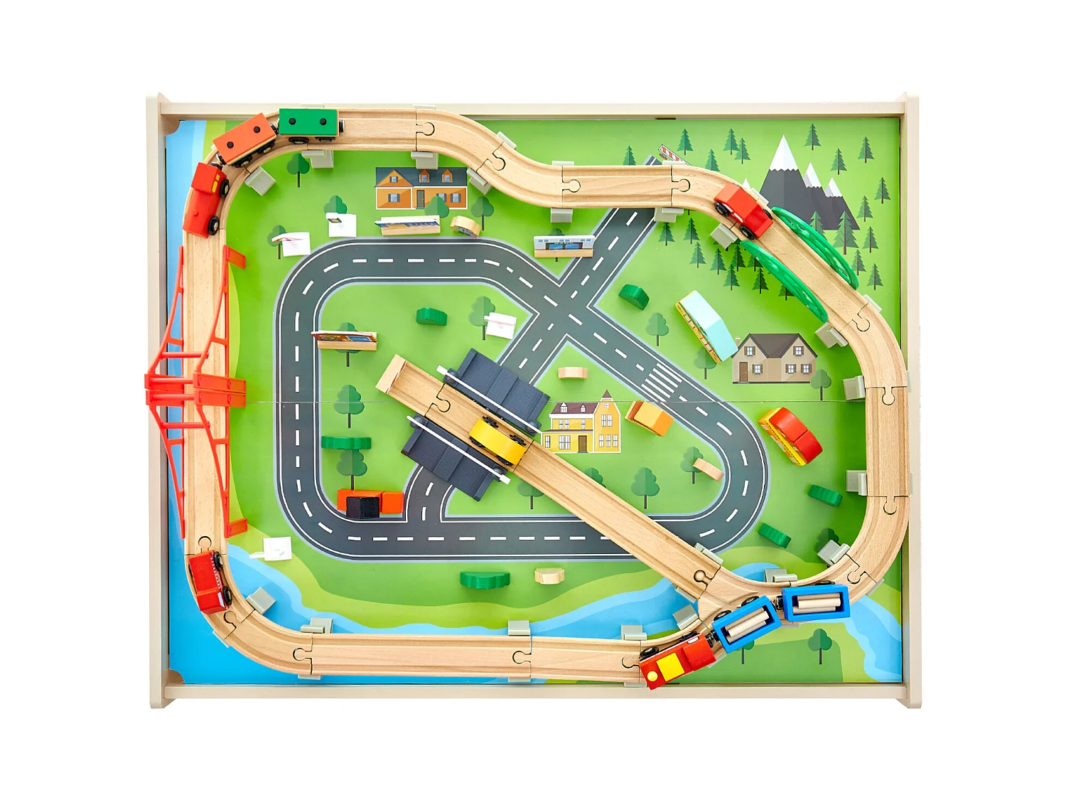 Holz-Eisenbahnspielset SucceBuy, 100 Teile, mit Eisenbahnschienen, Doppelseitiger 3-in-1-Aktivitätstisch zum Spielen, Kreatives Spielzeug für Kinder ab 3 Jahren