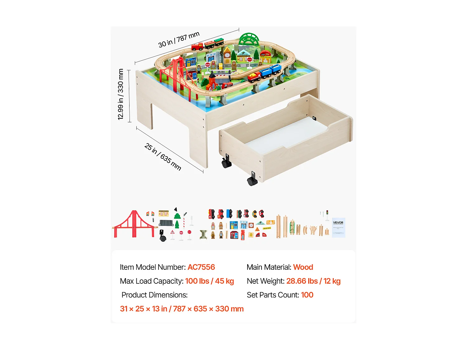 Holz-Eisenbahnspielset SucceBuy, 100 Teile, mit Eisenbahnschienen, Doppelseitiger 3-in-1-Aktivitätstisch zum Spielen, Kreatives Spielzeug für Kinder ab 3 Jahren