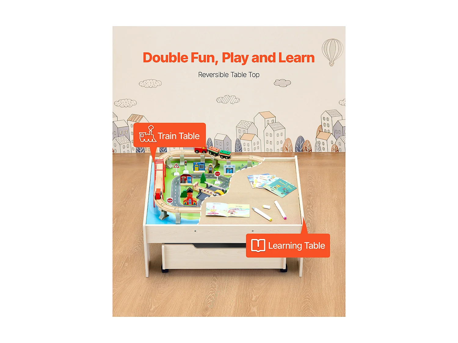 Holz-Eisenbahnspielset SucceBuy, 100 Teile, mit Eisenbahnschienen, Doppelseitiger 3-in-1-Aktivitätstisch zum Spielen, Kreatives Spielzeug für Kinder ab 3 Jahren