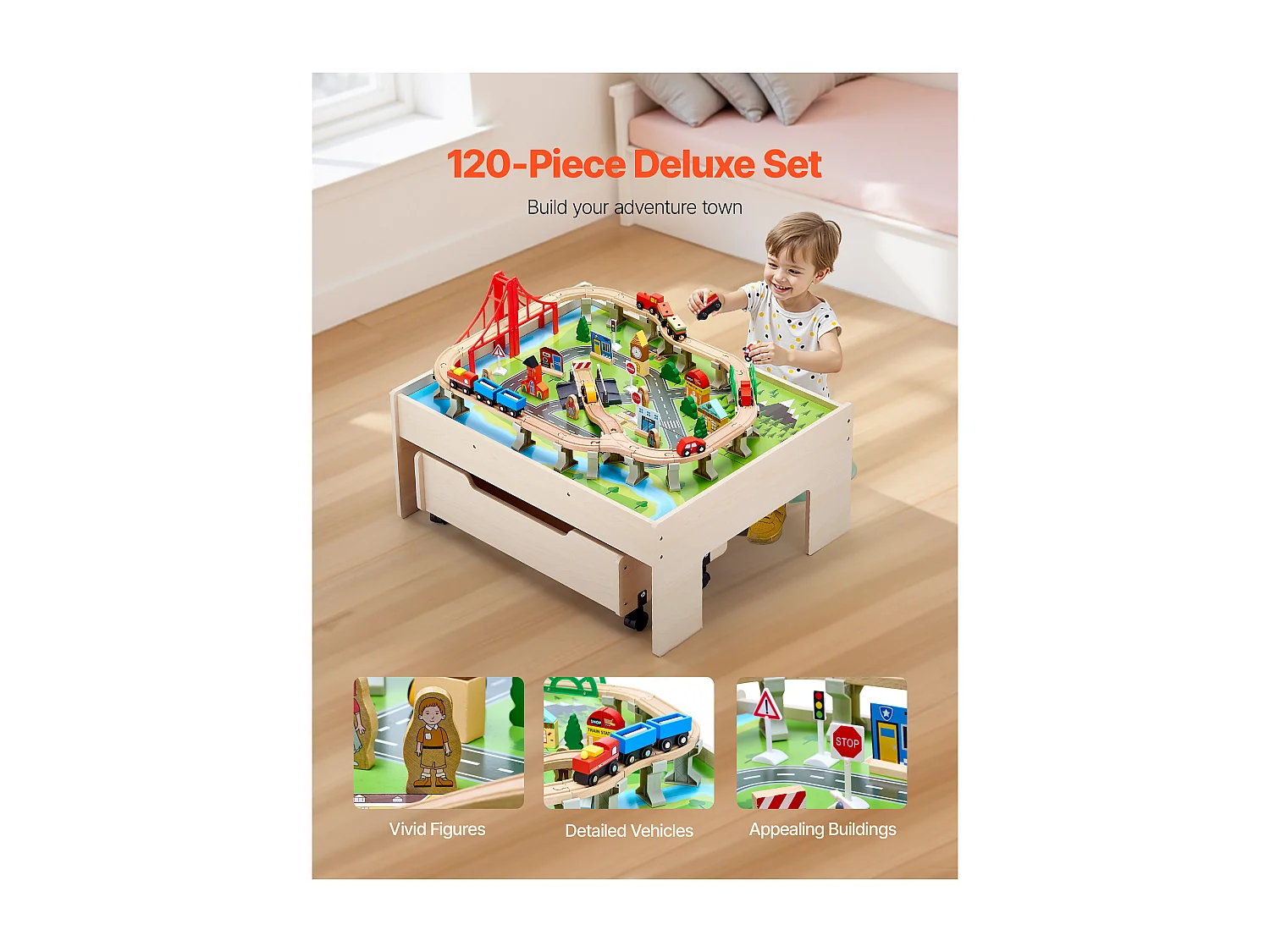 Holz-Eisenbahnspielset SucceBuy, 100 Teile, mit Eisenbahnschienen, Doppelseitiger 3-in-1-Aktivitätstisch zum Spielen, Kreatives Spielzeug für Kinder ab 3 Jahren