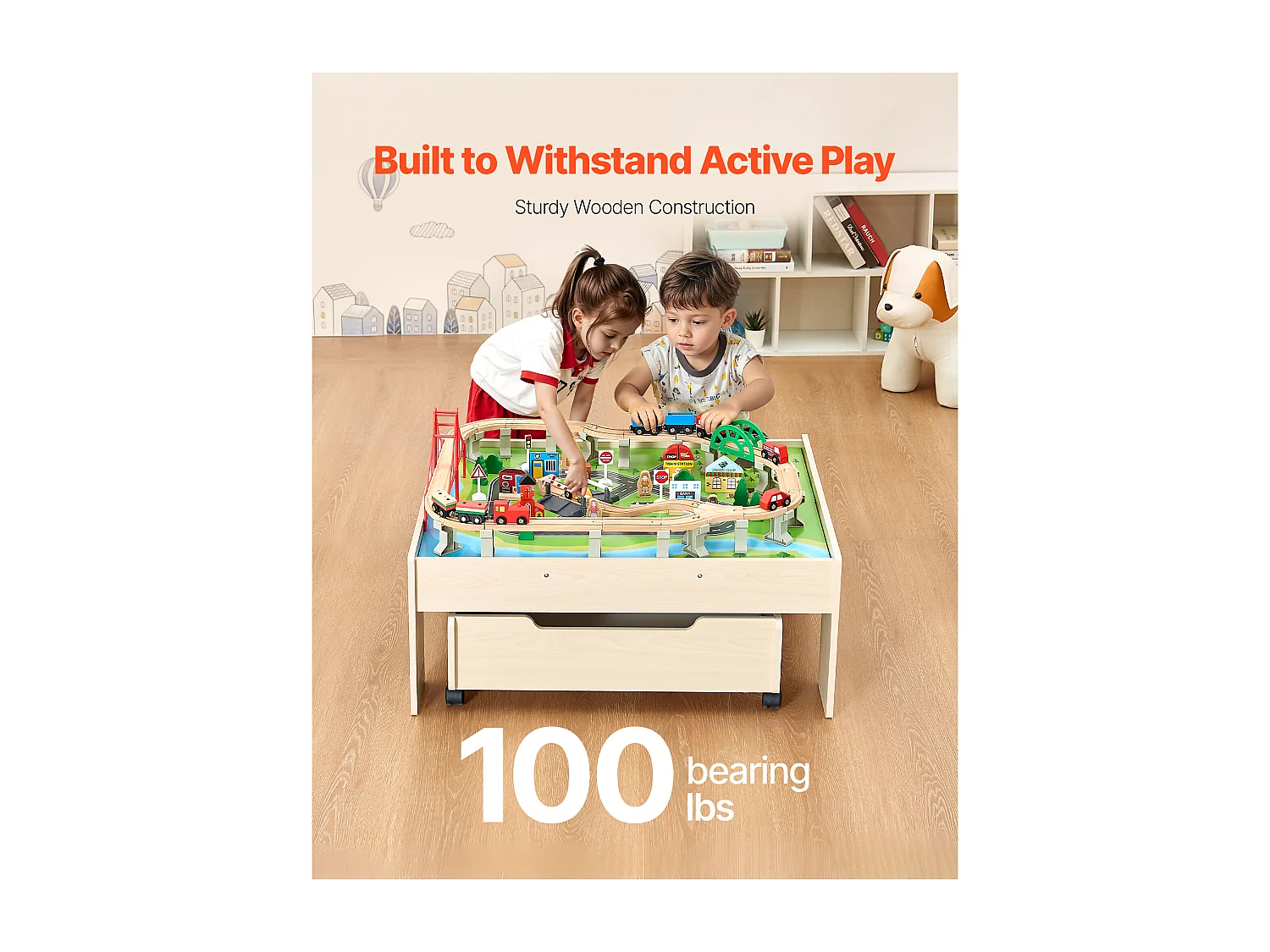 Holz-Eisenbahnspielset SucceBuy, 100 Teile, mit Eisenbahnschienen, Doppelseitiger 3-in-1-Aktivitätstisch zum Spielen, Kreatives Spielzeug für Kinder ab 3 Jahren